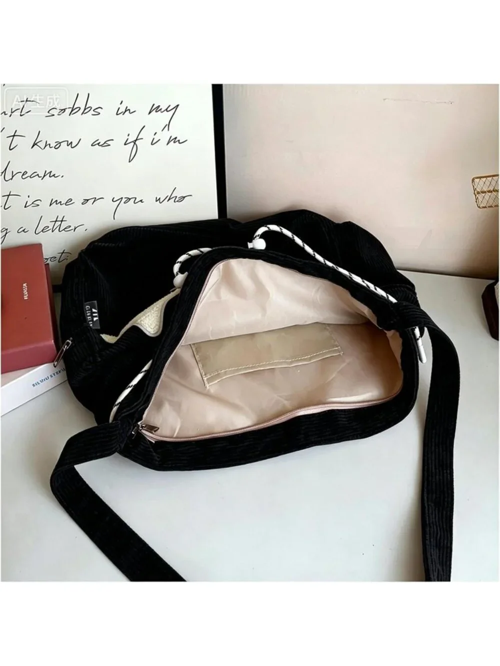 Women's Black Zipper Kawaii Corduroy Star Tote Crossbody Shoulder Bag